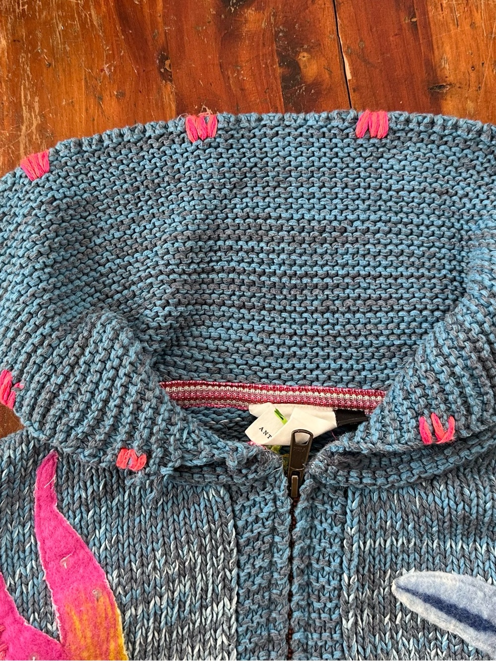 Anthropologie size medium Blue Knit Zip Hoodie with Multicolor Sea themed stitch - Picture 2 of 11